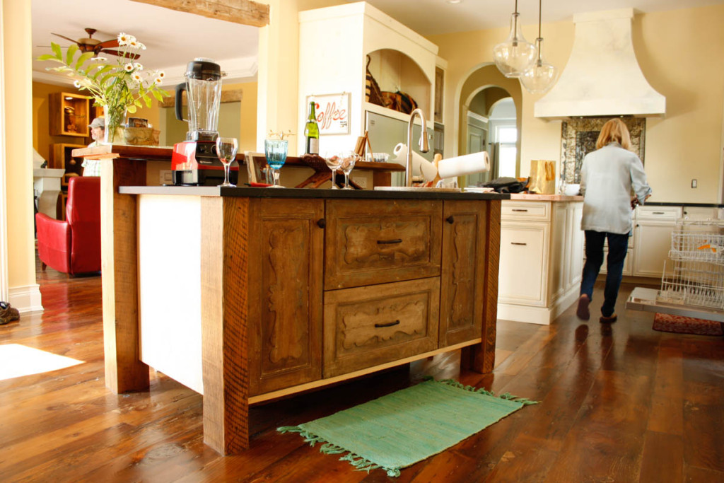 custom kitchen island with re-purposed antique doors